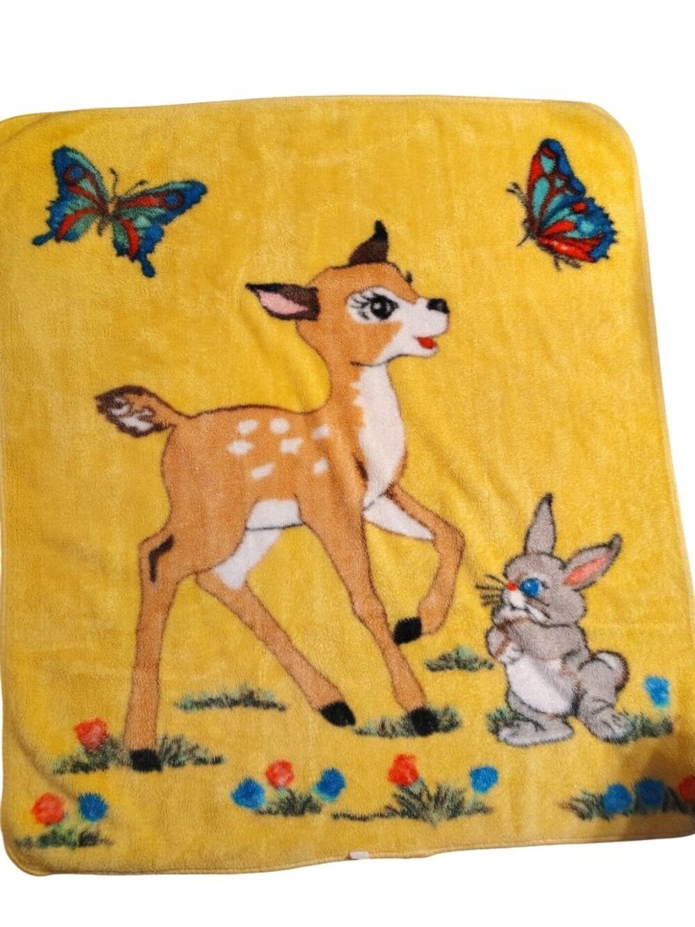 Vintage Bambi Deer and Thumper Baby Blanket Crib Throw, Yellow Butterfly Retro